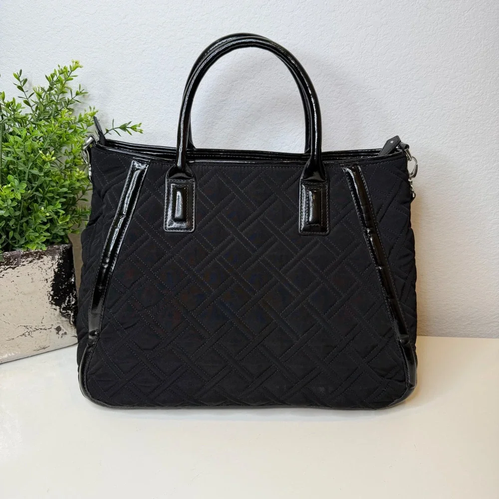 Vera Bradley Trapeze Tote Bag Women Black Quilted Patent Trim Classic Minimalist